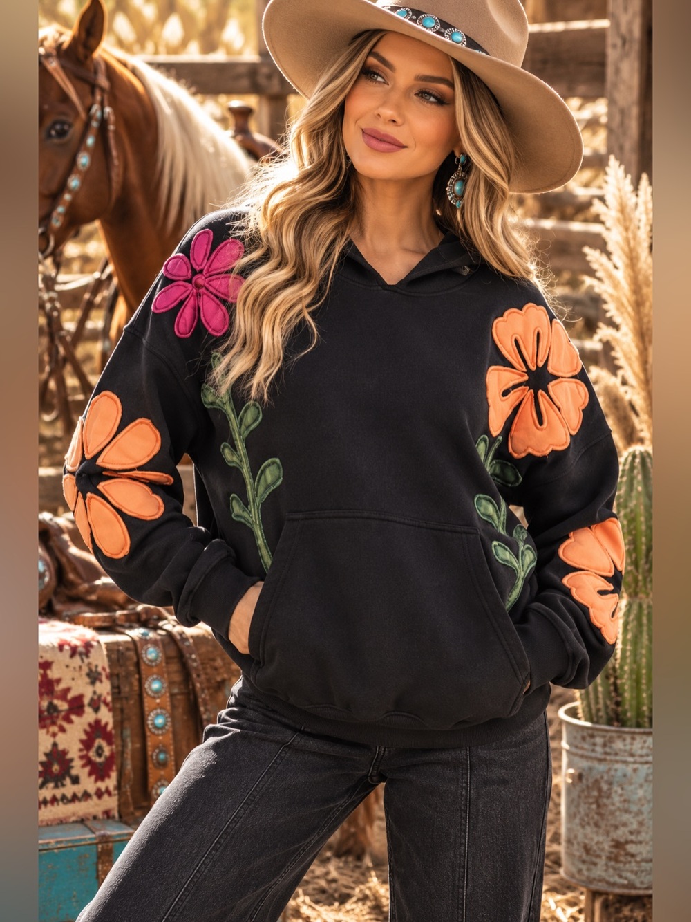 Black artesian floral western bohemian boho embroidered Henley hoodie sweatshirt